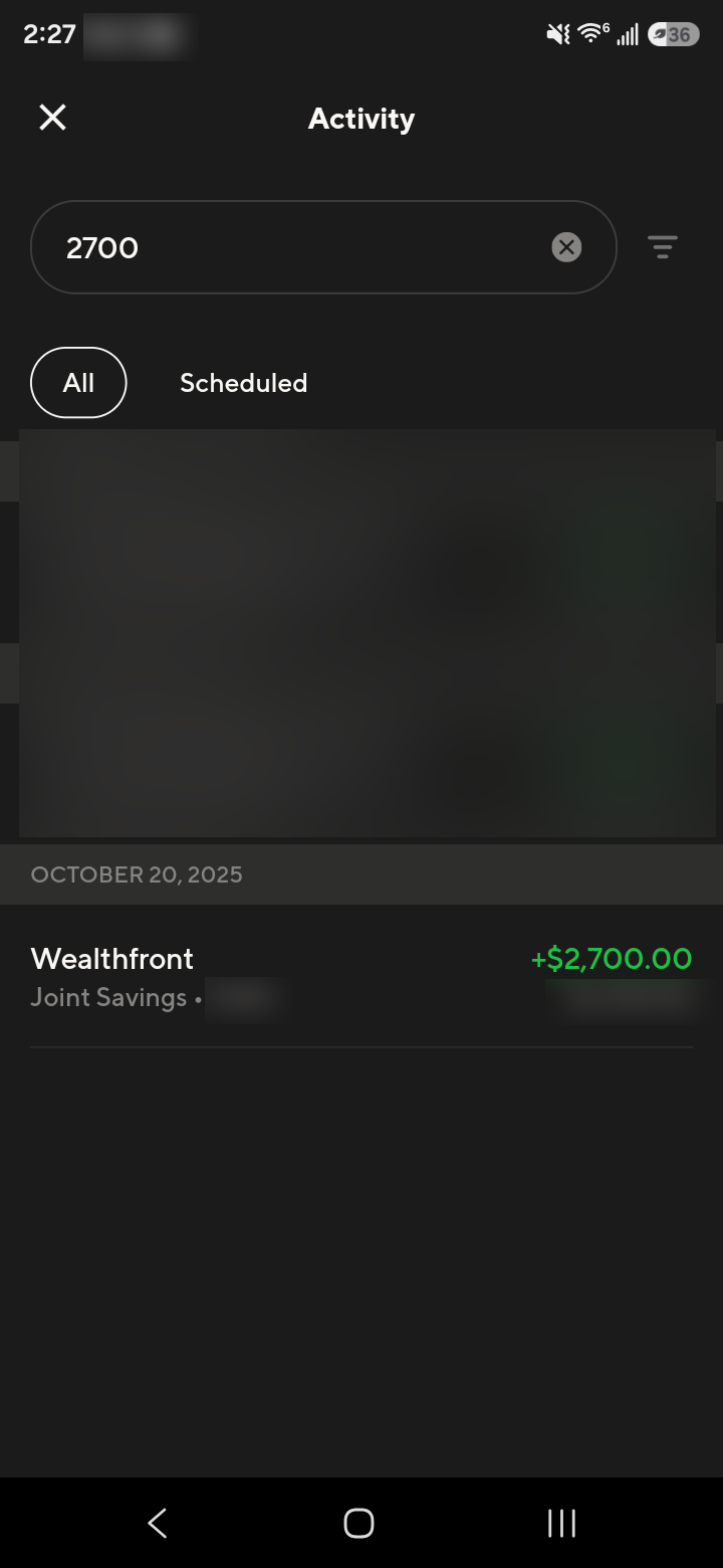 Redacted SoFi activity showing the same $2,700 transfer received from Wealthfront on October 20, 2025.