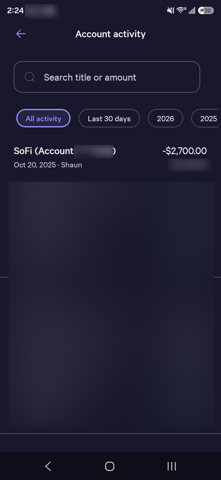Redacted Wealthfront activity showing a $2,700 ACH transfer to SoFi on October 20, 2025.